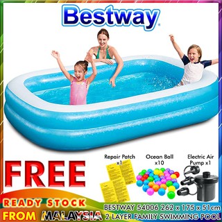 Bestway 54006 2.62M Extra Large Inflatable Swimming Pool 2 Layer Kolam Mandi / Renang / Air - Blue + White Top 游泳池