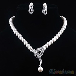 [HOT]Women's Faux Pearl Crystal Choker Necklace Earrings Jewelry Set For Party