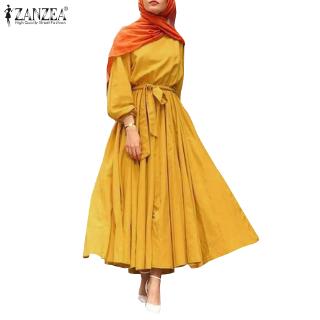 ZANZEA Women Loose Long Sleeve O Neck Muslim High Waist Maxi Dress (1)