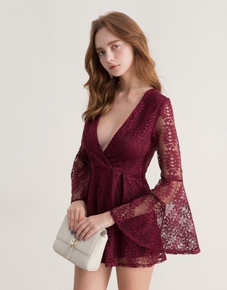 AIR SPACE Lace Jacquard Trumpet Sleeve Playsuit