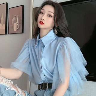 2020 summer new design sense foreign air mesh sleeve shirt fashion age reduction loose and thin bottoming top