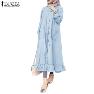 Zanzea Women Vintage Long Sleeve Button Ruffled Hem Muslim Dress