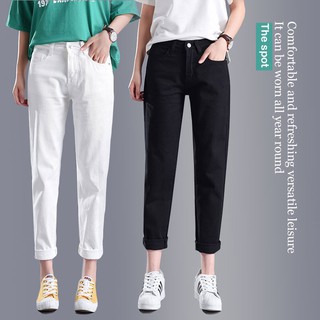 White Black Solid Color Boyfriend Style Female High Waist Jeans Plus Size Denim Jeans 1Pec