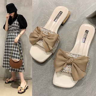 2021New One-Line Low-Heeled Versi Korea Color Matching Bow Ladies Slippers