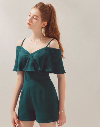 AIR SPACE Cold Shoulder Pleated Ruffle Sleeve Playsuit