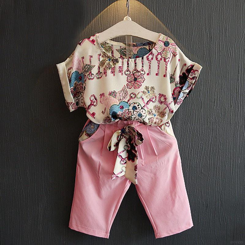 Baby Girls Short Sleeve Floral Print T-shirt Tops+Pants Outfits