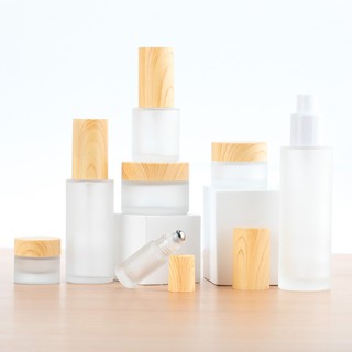 【Ready Stock】Travel Frosted Glass Cosmetic Spray Bottle (30ml-120ml) & Jar(5g-100g) With Wooden Cap Empty