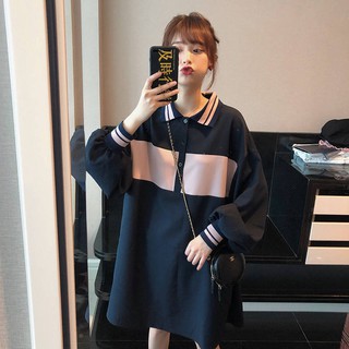 Early fat sister POLO collar loose dress female large size women's lantern sleeve sweater skirt660