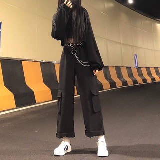 ❤READY STOCK❤Casual Cargo Pants Overalls Women's Loose BF Spring and Autumn 2020 New High Waist and Thin All-match Women's Pants Sports Wide Leg Mopping Pants