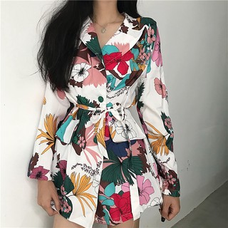 Vintage Korean Style Floral Fashion Blazer Women Slim Short Jackets Coat Baju