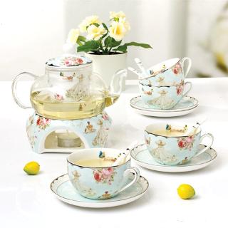 Romantic Household Flower Tea Teaware Coffee Set Heatable Tea Stove Glass Teapot Ceramic Coffee Cup Saucer Spoon Set