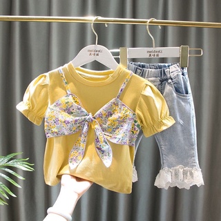 2022 New Style Girls Summer Short-Sleeved T-Shirt Baby Infant Korean Version Floral Sling Top Only Shirt