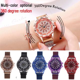 Watch Fashion 360 degree rotation Mesh Magnet Flower Buckle Lucky Watches Quartz Female WristWatch for Girls Gifts Allo