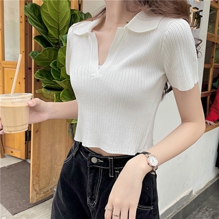 summer Korean woman V-neck short-sleeved knit crop top
