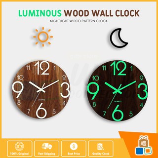 12" / 30CM Wall Clock Glow In The Dark Silent Quartz Indoor Bedroom Wooden Luminous (Three Color Available)
