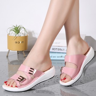 【Hot Sale】Plus Size 2020 New Women Pink Selipar Korean Summer Fashion Women's Microfiber Leather Light Wedge Slippers Sandals