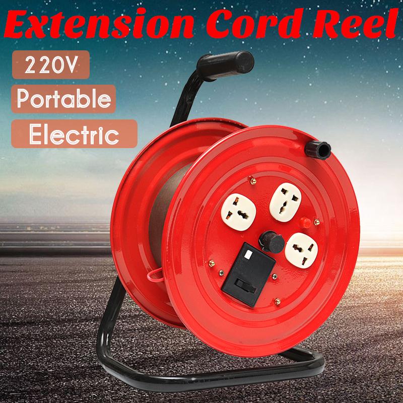 220V Multi-Outlet 3 Plug Heavy Duty red Extension Cord Storage Wind-Up Reel