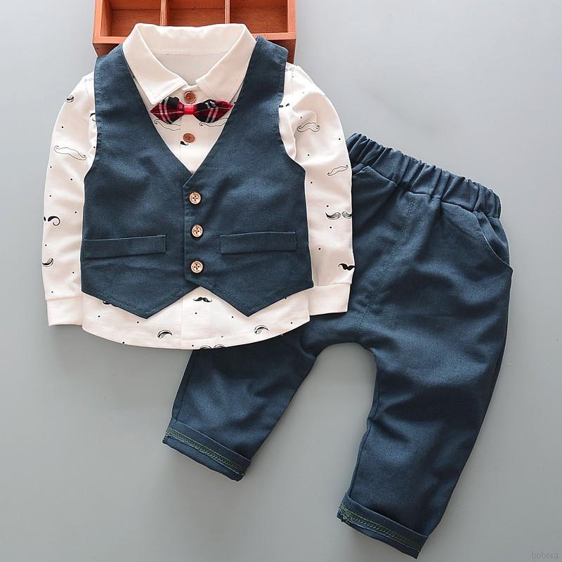 BOBORA Baby Boy Cotton Long Sleeve Print Bowknot Shirt+With Vest+Trousers Clothes Set (1)