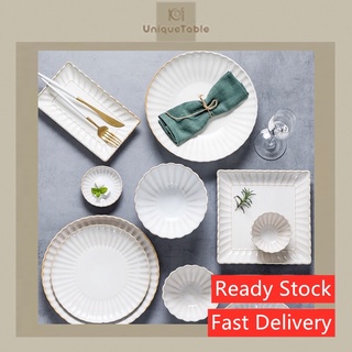 🇲🇾【READY STOCK】 pinggan Western Style White Ceramic Wavy Stripes Plate Set With Gold Line 💫 RiceBowl 💫Noodle Bowl💫Plate