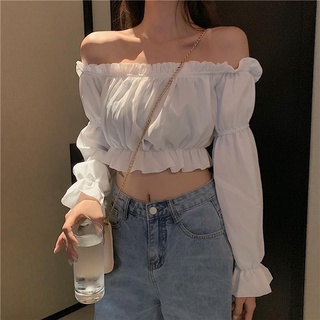 Women Tube top Sexy Blouse Off Shoulder Top Long Sleeve Solid Color White Shirt Puff Sleeve Ruffle Tunic Crop Top Summer Tube Top