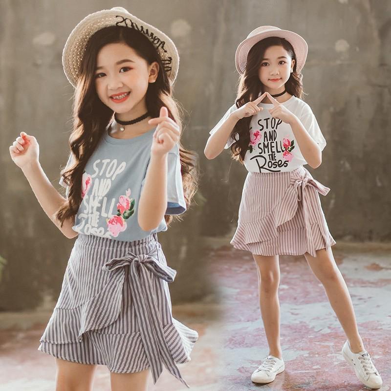 Short sleeved print shirt + Short Striped skirt Set Pure Cotton Movement Kids clothing Girls clothing /Kids suit