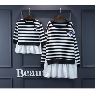 Mom and daughter matching clothes Korean style striped eyes mommy and me clothing girls dresses mother daughter