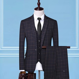 High quality Ready stock 3-piece Korean fashion Business Wedding Dress Men Blazer+ Vest+Pants Plaid suit suit