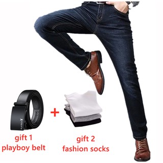 【 Free Gift Playboy Belt 】 JEANS MEN Big Size Men Jeans Denim Long Pants Seluar Panjang Casual Plus Size Pant Men with High Elasticity
