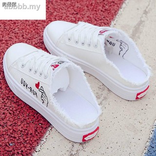 Canvas shoes female students Korean version wild Harajuku summer white flat bottom breathable outer wear half slippers