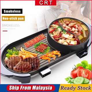 CRT 2 In 1 Electric Hot Pot BBQ Pan Grill Hotpots Steamboat Multifunction Frying Cooker（Malaysia 3-Pin Plug）