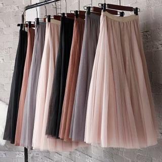 🌺【7 color selection 】Korean Version Women Tulle Mesh Full Skirt Elastic High Waist 3 Layers Pleated Maxi Long Dress