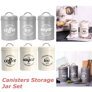 3Pcs Tea Coffee Canisters Storage Jars Set Retro Iron Pots Bottle
