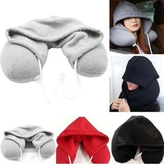 Adults Neck Pillow Drawstring Travel U-Shaped Portable Solid Flight Hooded