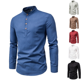 Baju Kurta 2020 Men's Cotton Linen Plain Shirt Stand Collar Long Sleeve Shirt