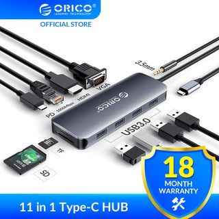 【Ready Stock】ORICO USB C HUB to USB3.0 HDMI VGA 100W PD RJ45 Card Reader Audio Adapter Dock for MacBook Pro Accessories Type C 3.1 Splitter（MC-U111P）