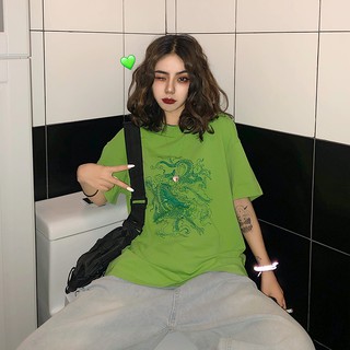 ZSIIBO 2020 Summer Harajuku Street Personality Green Dragon Cotton Loose T-shirt Ms. Shirt Tops Spot