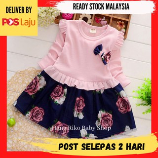 [MALAYSIA]🔥Ready Stock🔥1-4Y Baby Girls Clothes Kids Dress Princess Flower Ribbon Baju Budak Perempuan Long Sleeve Gaun