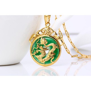 Chinese Gold Green Jade Dragon Pendant Necklace