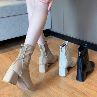 Raya 2022Boots thick heel 2020 autumn new ankle boot medium heel Martin boot British style square toe elastic skinny boot lady's shoes