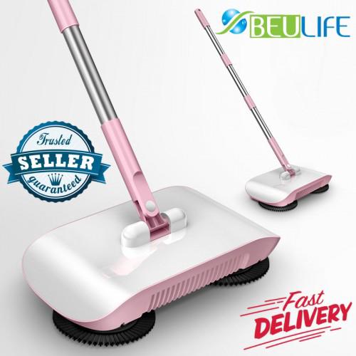 BEULIFE Hand Push Magic Broom Spinning Sweeper 3 Spinning Brushes with Micro Fabric Mop & Internal Dustpan