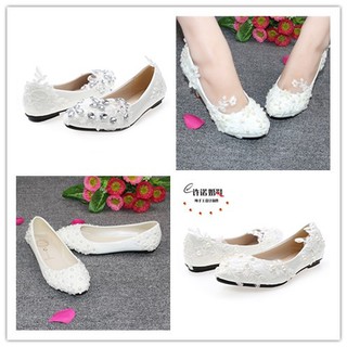 wedding shoe-Handmade pearl white lace wedding shoe flat bridesmaid shoes princess photos show the bride with style