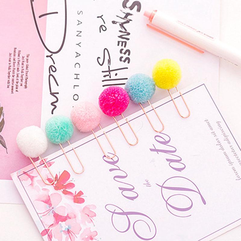 6 Pieces Colorful Hair Ball Paper Clip Student small Pin Cute Bookmark Tail Clip (1)