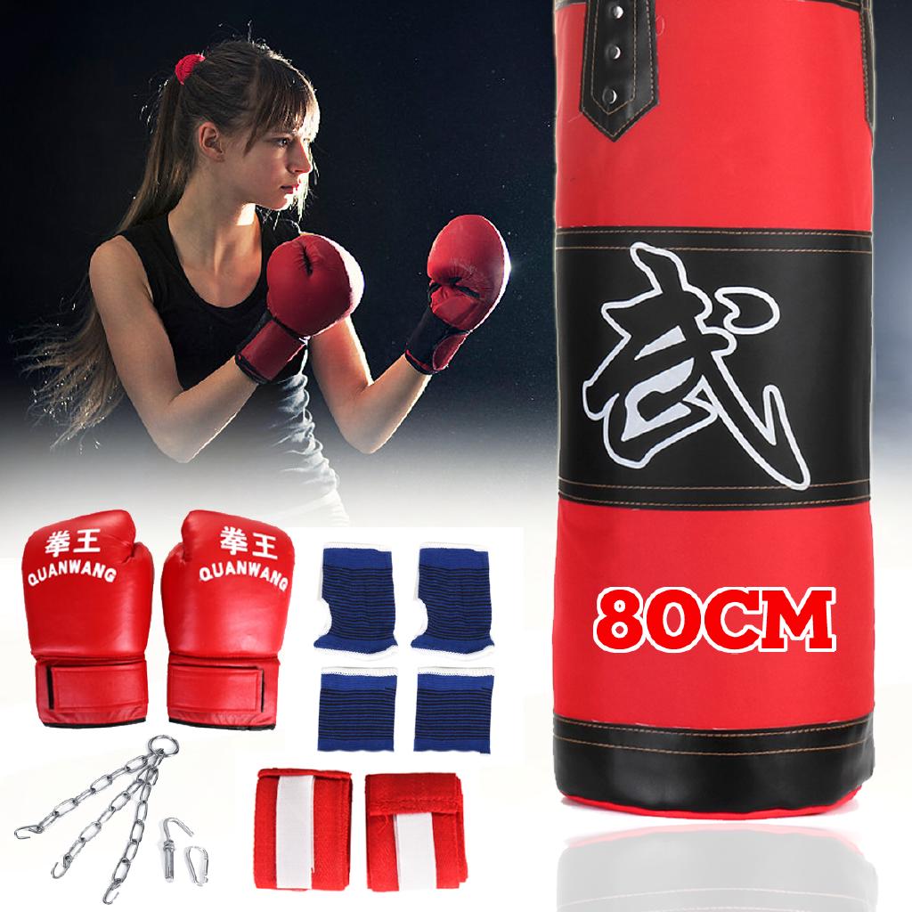 80CM Filled Heavy Duty Punch Bag Chain Gloves Wraps Punchbag Kick Boxing Set (1)
