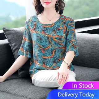 Ice Silk Top Women's Plus Size Geometric Printing T-shirt Loose and Versatile Short-sleeved Women's Clothing