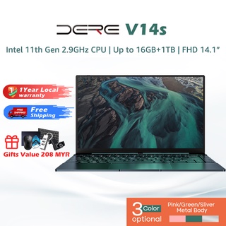 DERE Laptop V14s Intel 11th Gen 2.9GHz CPU FHD Screen Windows 10 Backlit Keyboard Notebook PC (Pink /Silver/Green)