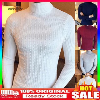 CERA-Casual Men Winter Solid Color Turtle Neck Long Sleeve Twist Knitted Slim Sweater
