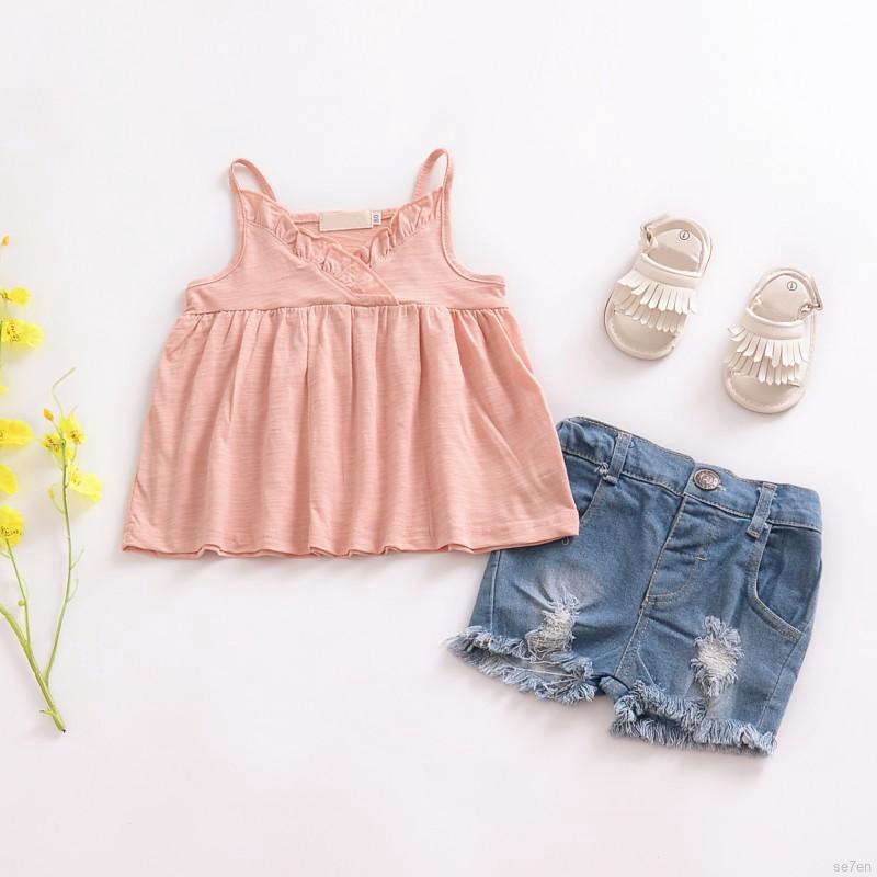 💕Se7en Summer Cotton Baby Girls Clothing Solid Color Strap Cotton Tops