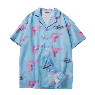 Turn-down Collar Hawaii Style Men's Shirts 2019 Summer Pink Gun Full Printing Casual Shirt Men