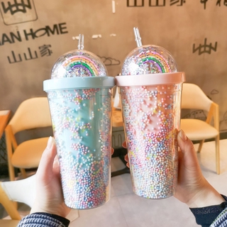 Rainbow plastic water cup fashion large capacity women's Straw Cup