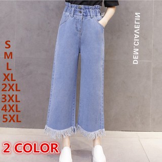 (S-5XL)Women vintage cargo hiking jeans pants loose trousers plus size higt waist elastic slack sukan seluar
